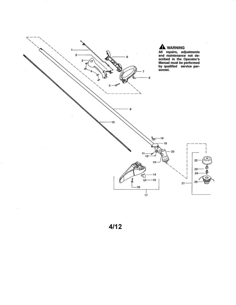 Drive Shaft/Handle/Shield Diagram and Parts List for FEATHERLITE SST25 Type 1 Weed Eater Trimmer